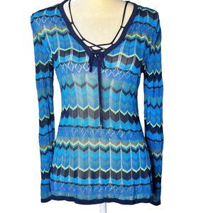 Sigrid Olsen Blue Multicolored Chevron Open Knit Top Sz S Scoop Neck w Accents
